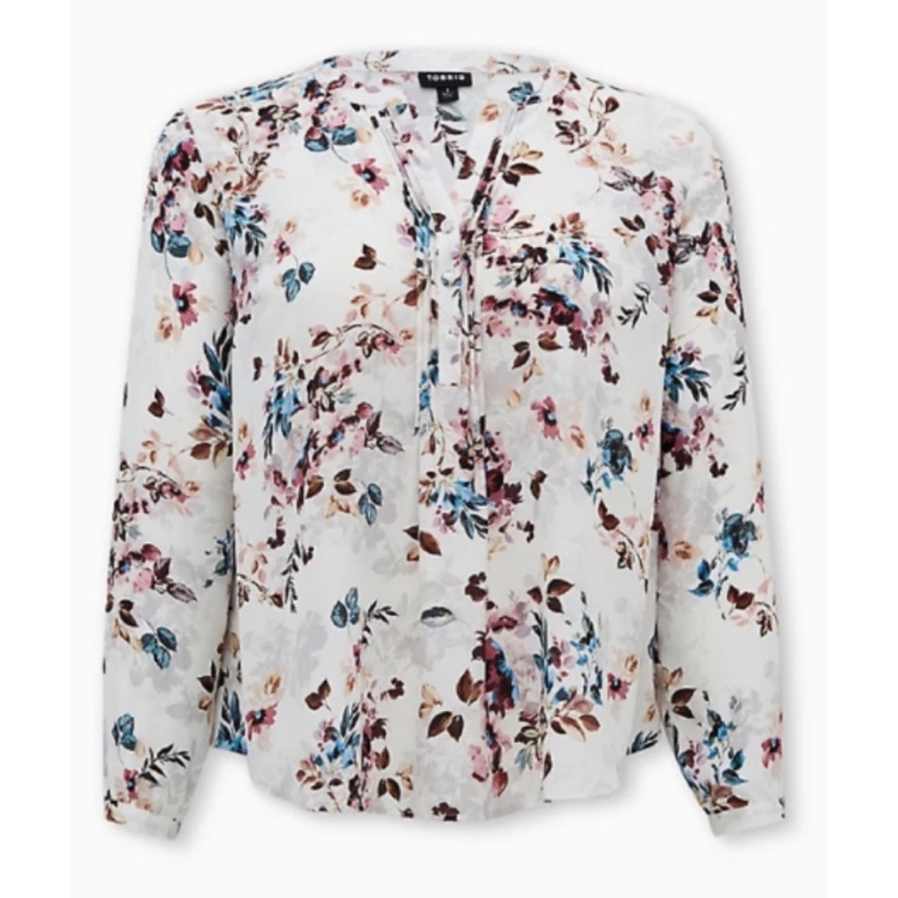 White Floral Georgette Pintuck Button Blouse Torrid 0 L 12 - Picture 4 of 10
